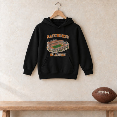 Color Black, Saturdays in Austin Youth Heavy Blend Hoodie in black