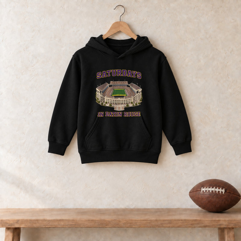 Color Black, Saturdays in Baton Rouge Youth Heavy Blend Hoodie in black