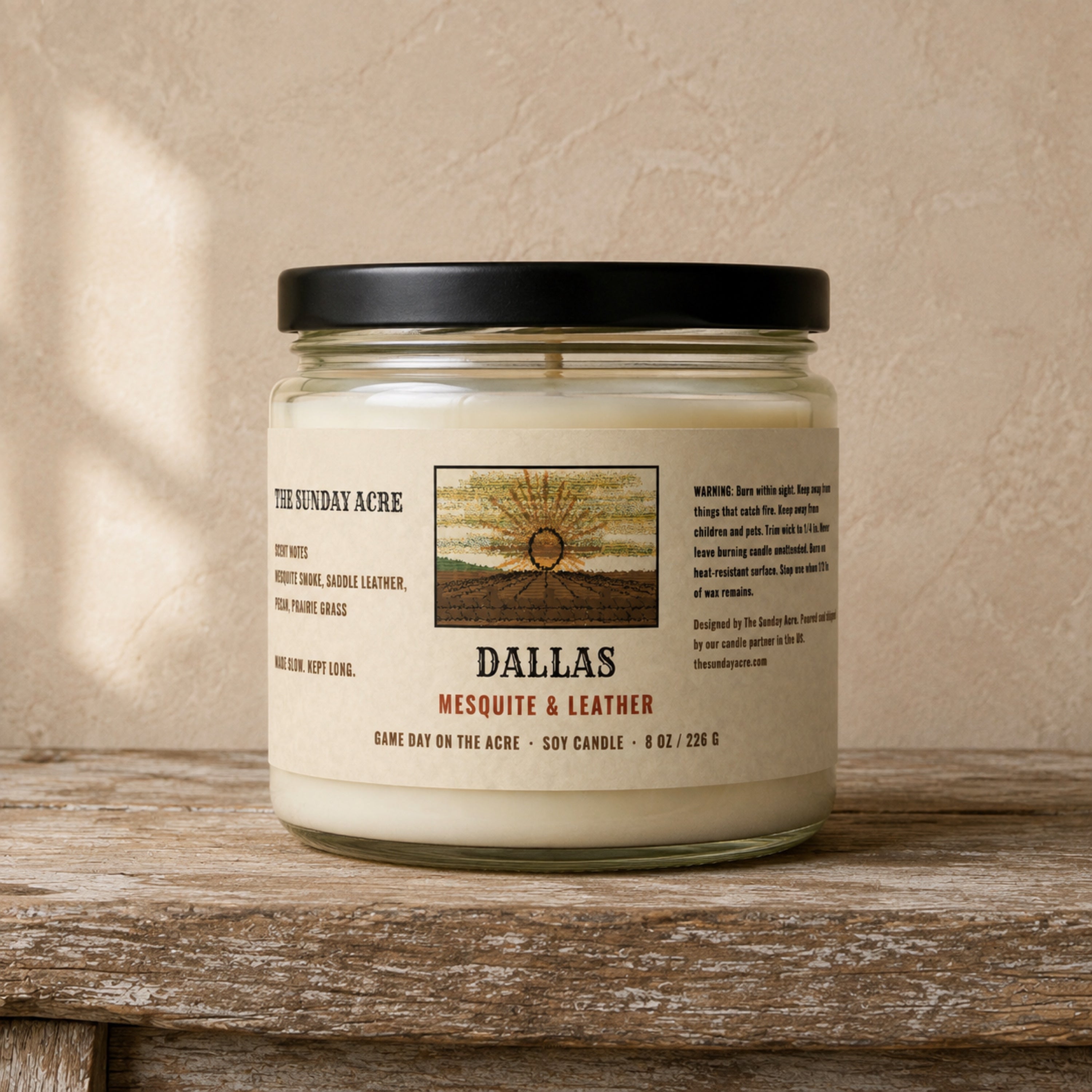 mockup: Dallas — Mesquite & Leather — 9 oz Soy Candle