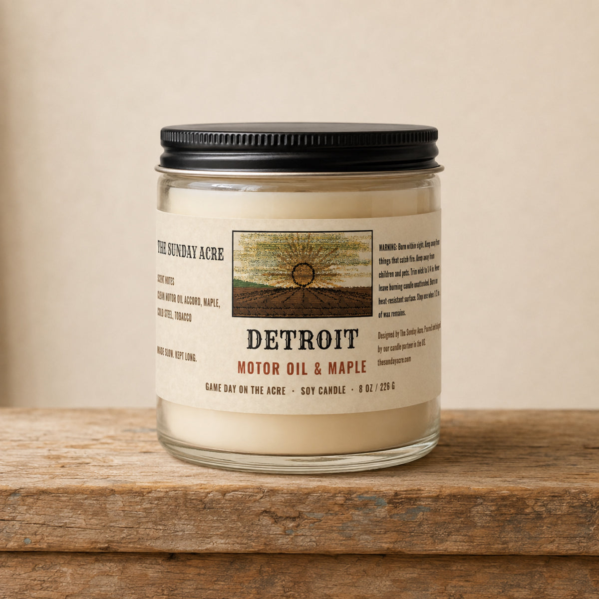 mockup: Detroit — Motor Oil & Maple — 9 oz Soy Candle