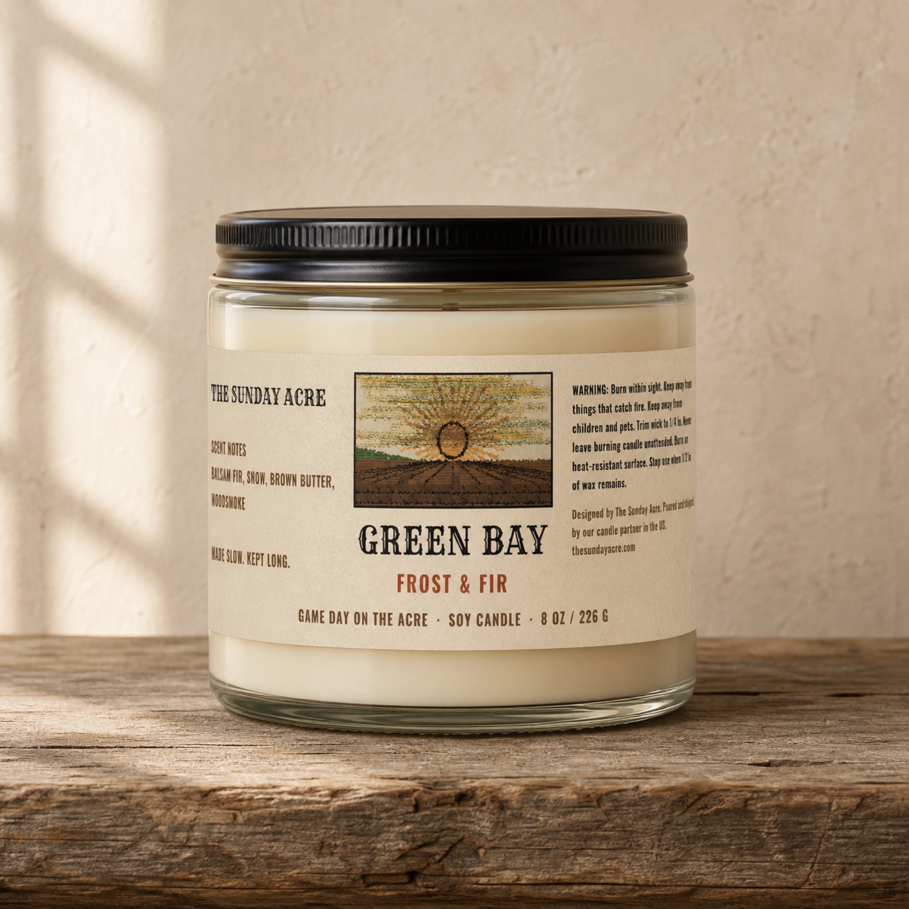 mockup: Green Bay — Frost & Fir — 9 oz Soy Candle