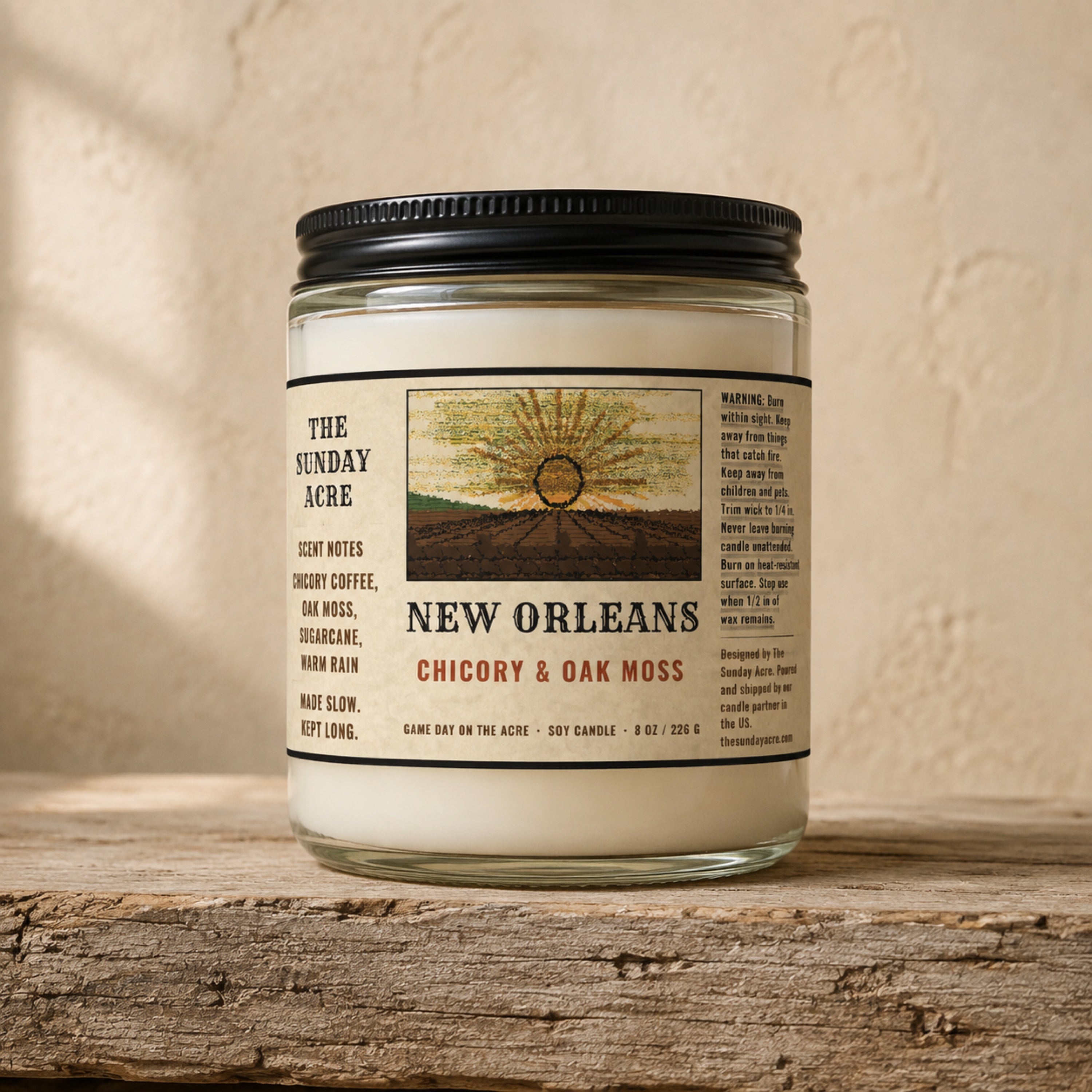 mockup: New Orleans — Chicory & Oak Moss — 9 oz Soy Candle