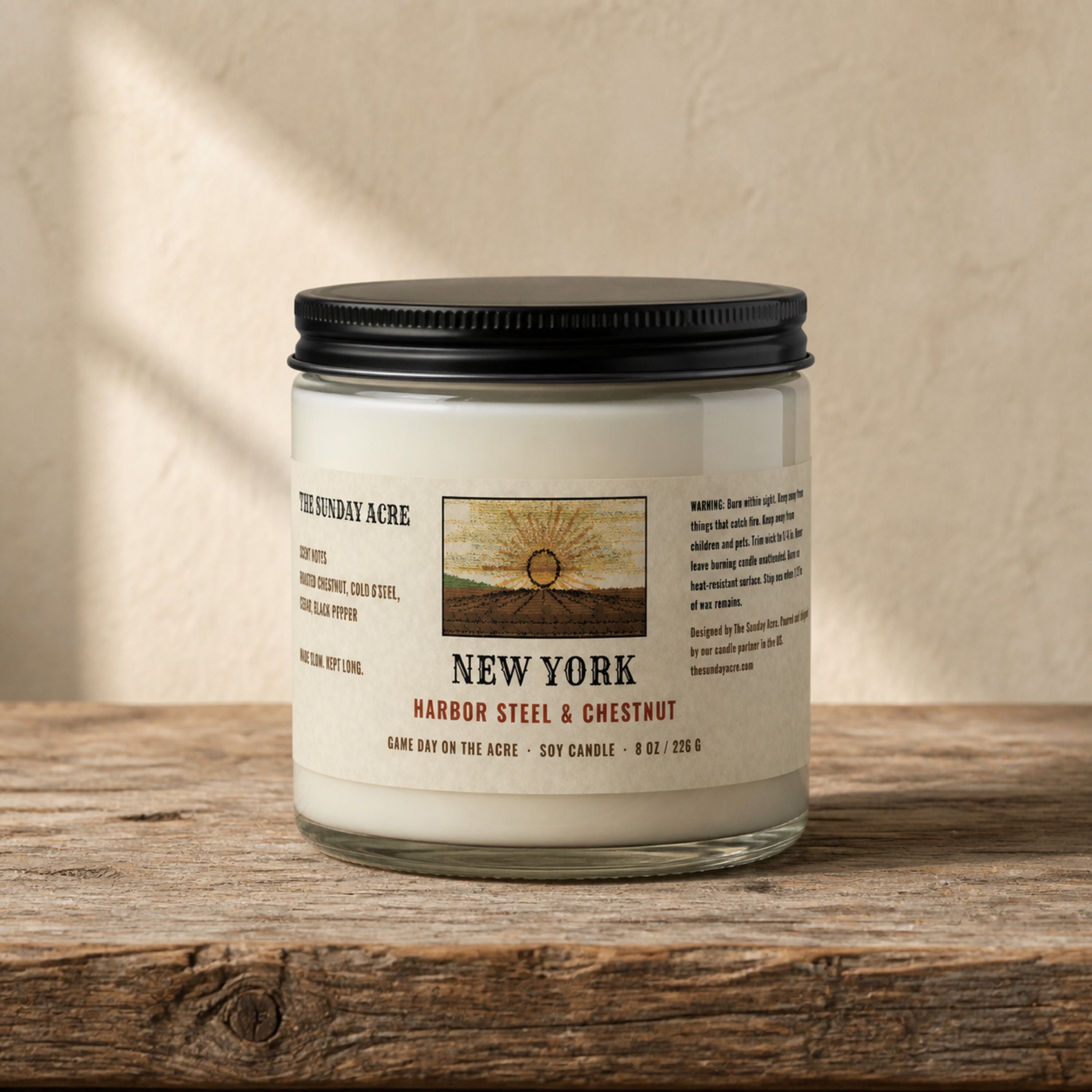 mockup: New York — Harbor Steel & Chestnut — 9 oz Soy Candle