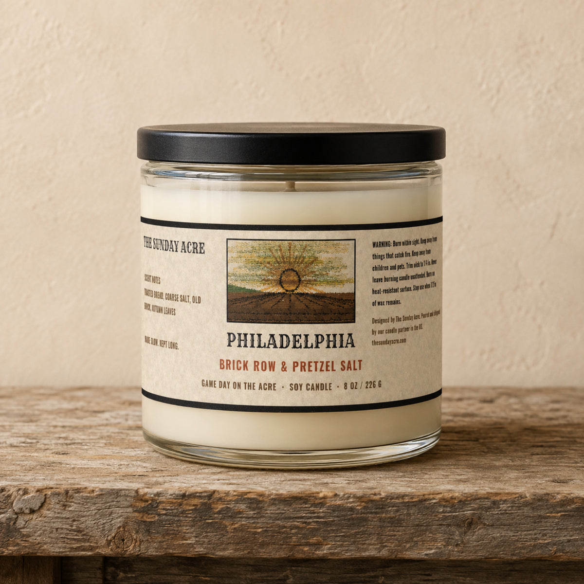 mockup: Philadelphia — Brick Row & Pretzel Salt — 9 oz Soy Candle