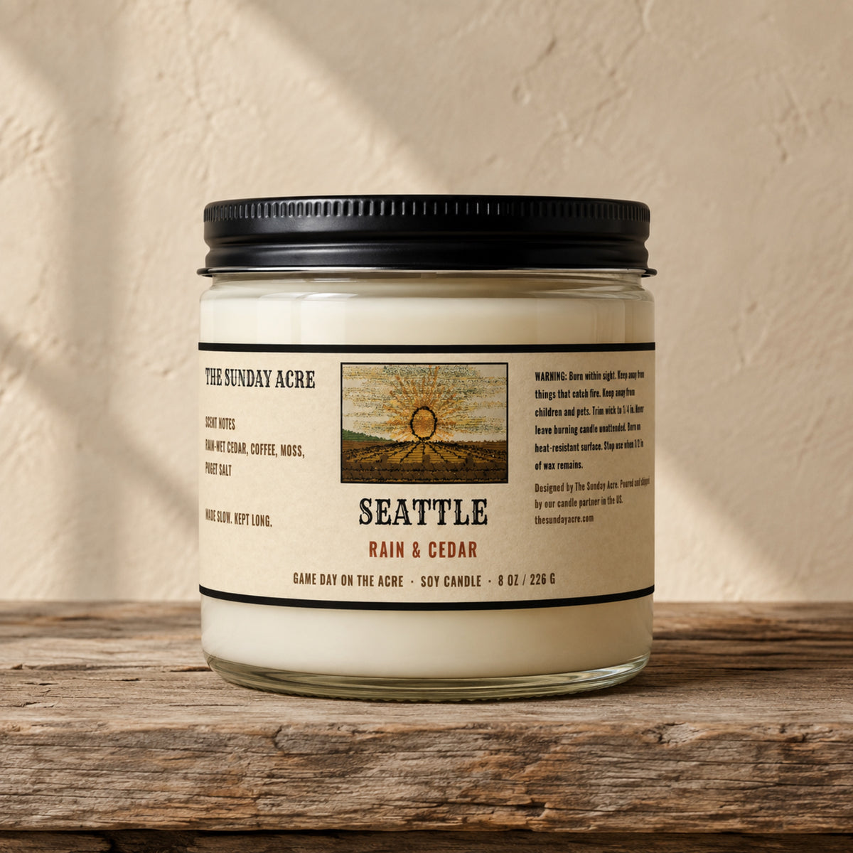 mockup: Seattle — Rain & Cedar — 9 oz Soy Candle
