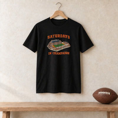 Color Black, Saturdays in Champaign Unisex Classic Tee in black