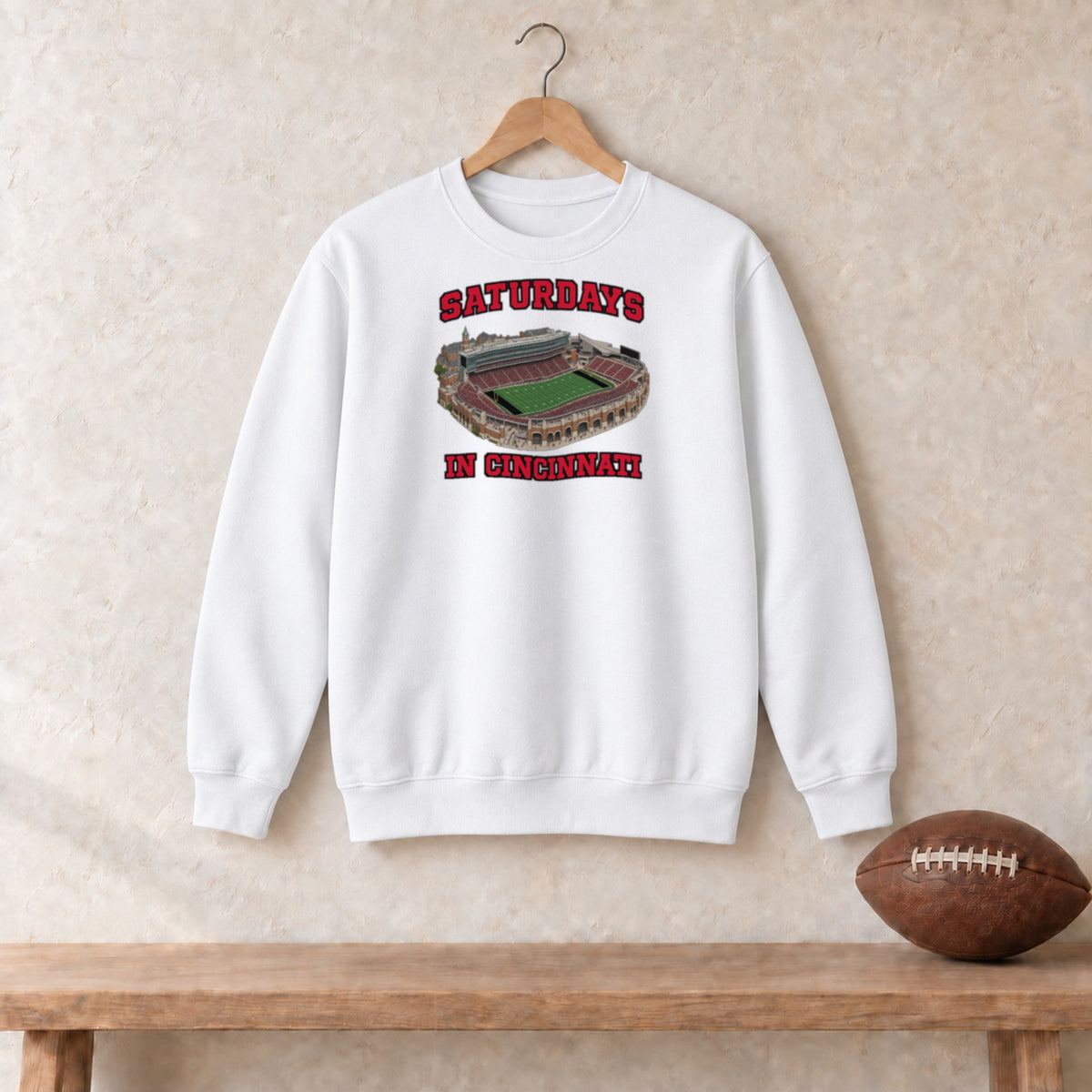 Color White, Saturdays in Cincinnati Unisex Crew Neck Sweatshirt in white