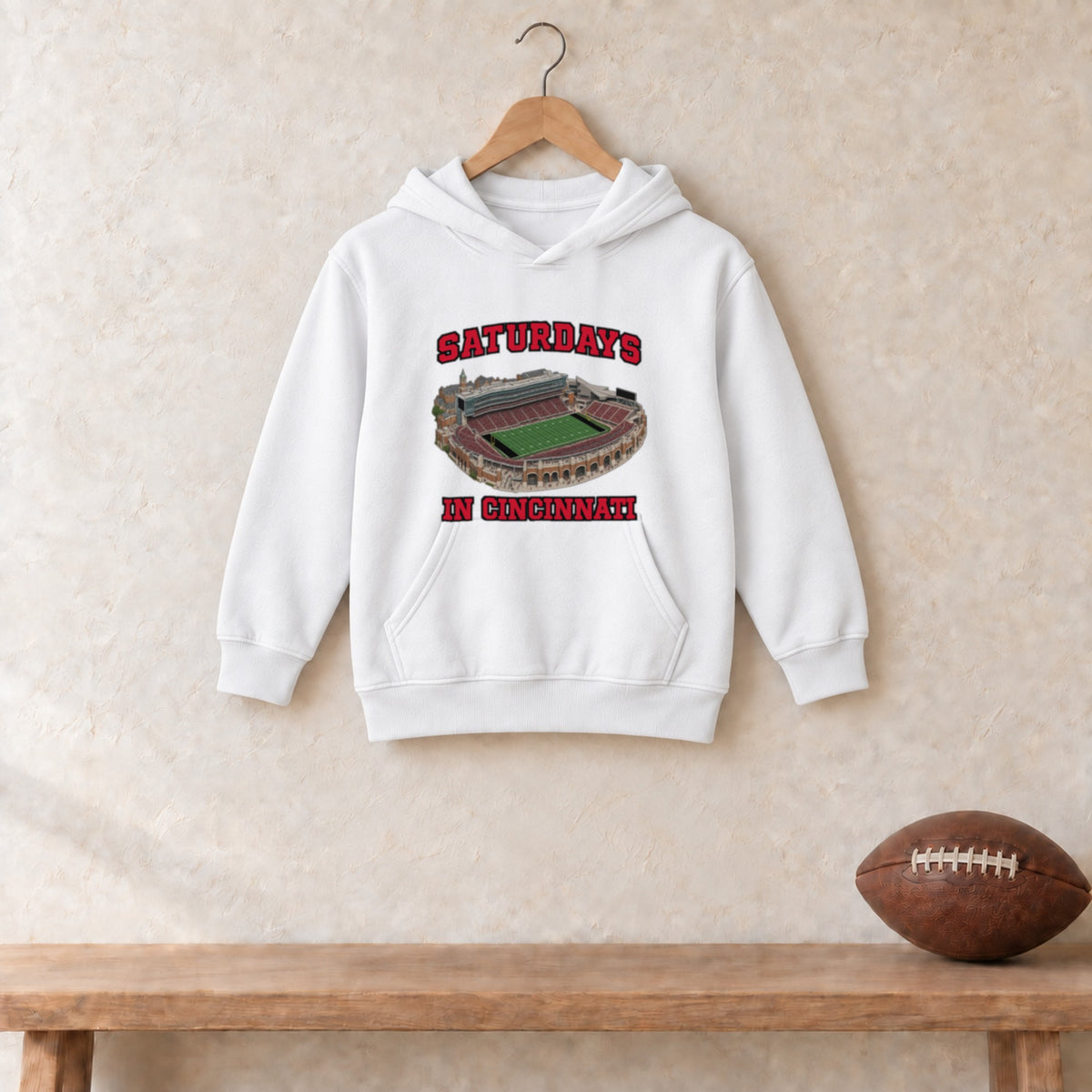 Color White, Saturdays in Cincinnati Youth Heavy Blend Hoodie in white