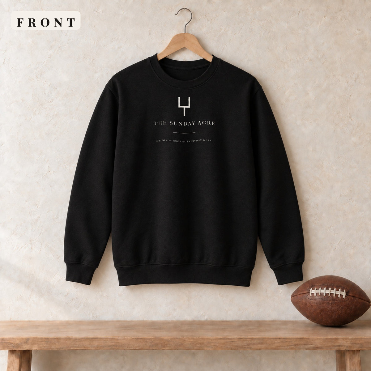 Crewneck · Black · front · The Sunday Acre Gridiron Rooted crewneck in black