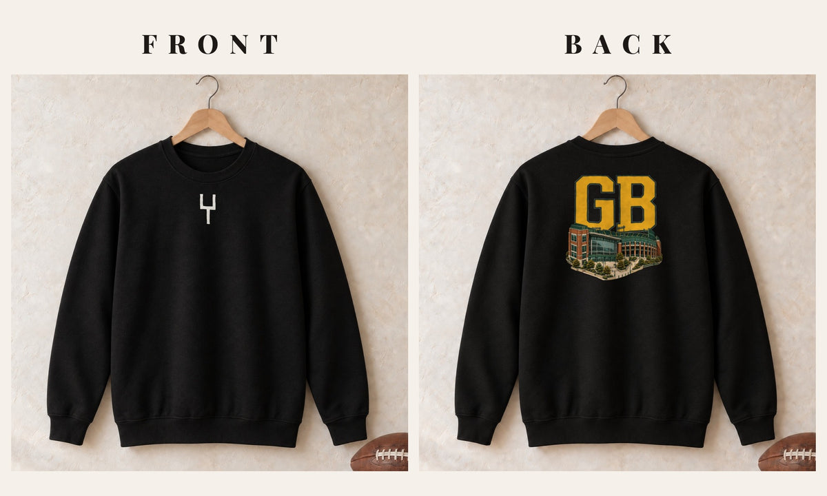 Crewneck + Goalpost Front · Black · front and back · Green Bay Home Field Advantage crewneck in black