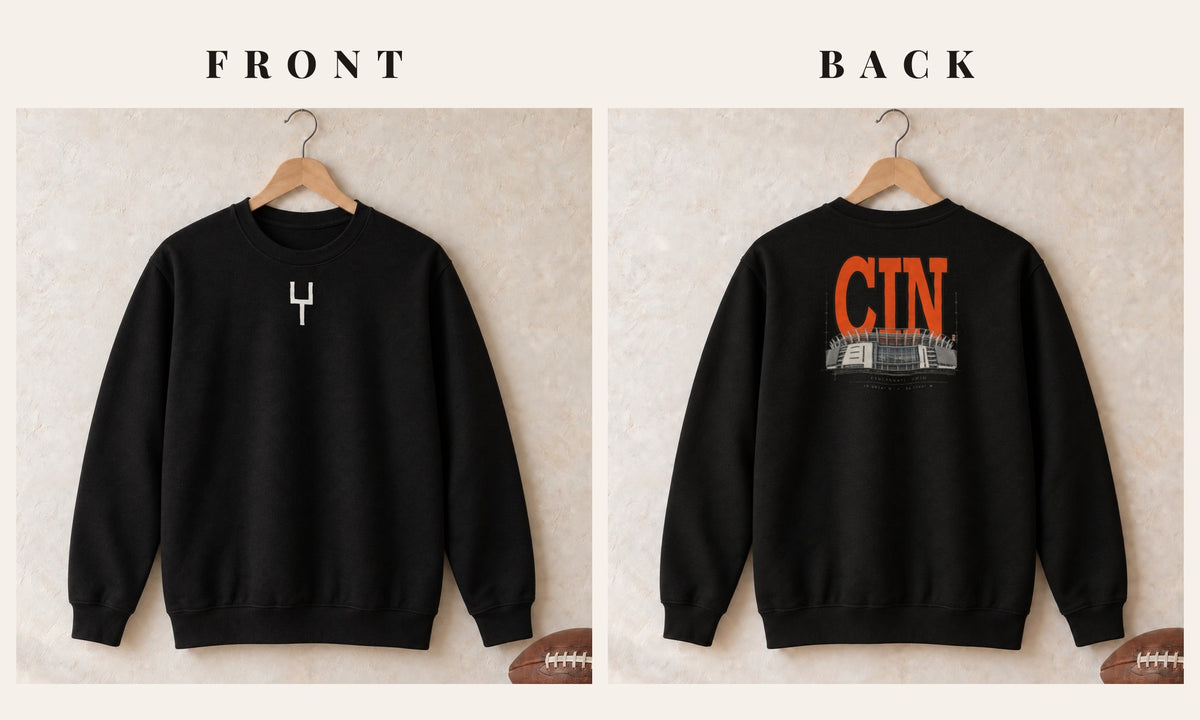 Crewneck + Goalpost Front · Black · front and back · Cincinnati Blueprint City crewneck in black