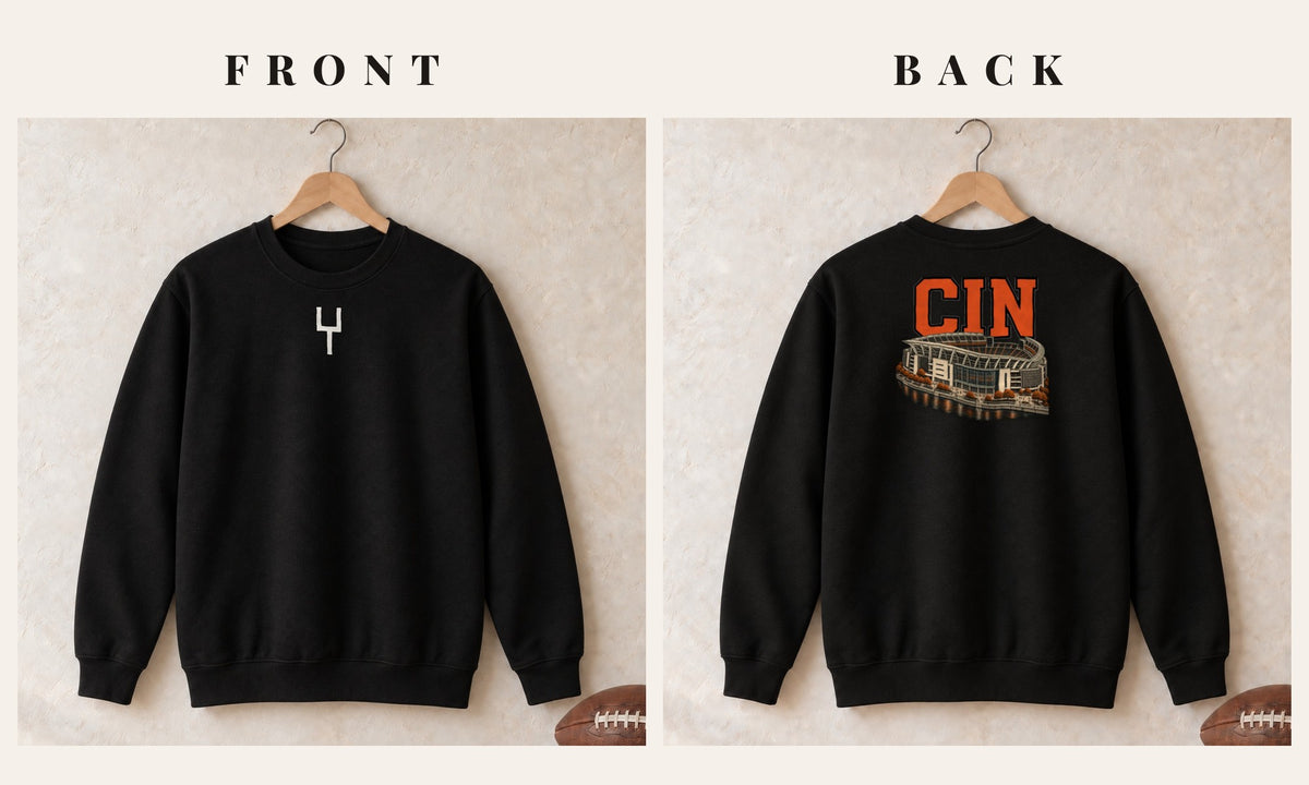 Crewneck + Goalpost Front · Black · front and back · Cincinnati Home Field Advantage crewneck in black