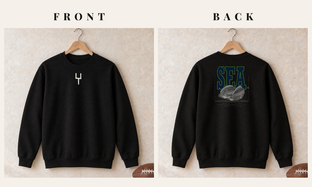 Crewneck + Goalpost Front · Black · front and back · Seattle Blueprint City crewneck in black