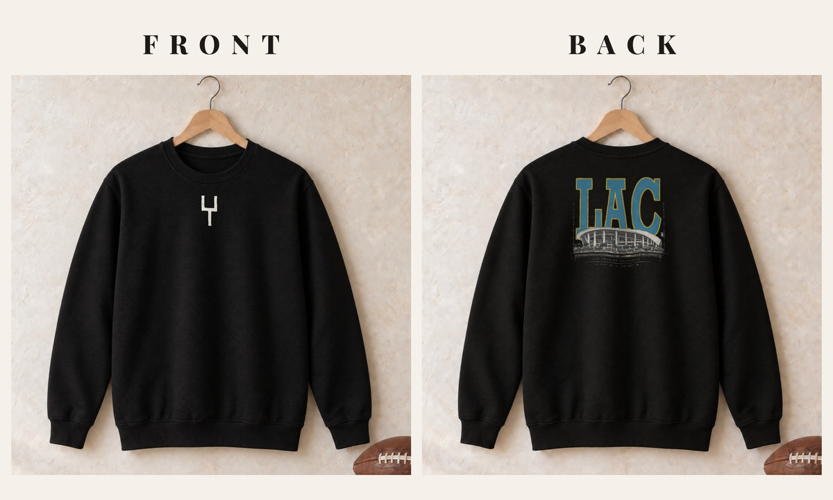 Crewneck + Goalpost Front · Black · front and back · Los Angeles Powder Blueprint City crewneck in black