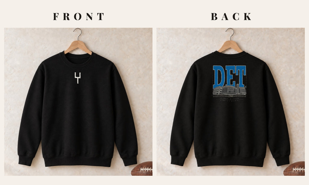 Crewneck + Goalpost Front · Black · front and back · Detroit Blueprint City crewneck in black