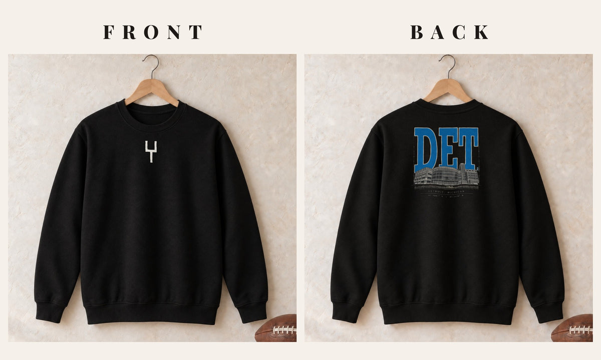 Crewneck + Goalpost Front · Black · front and back · Detroit Blueprint City crewneck in black