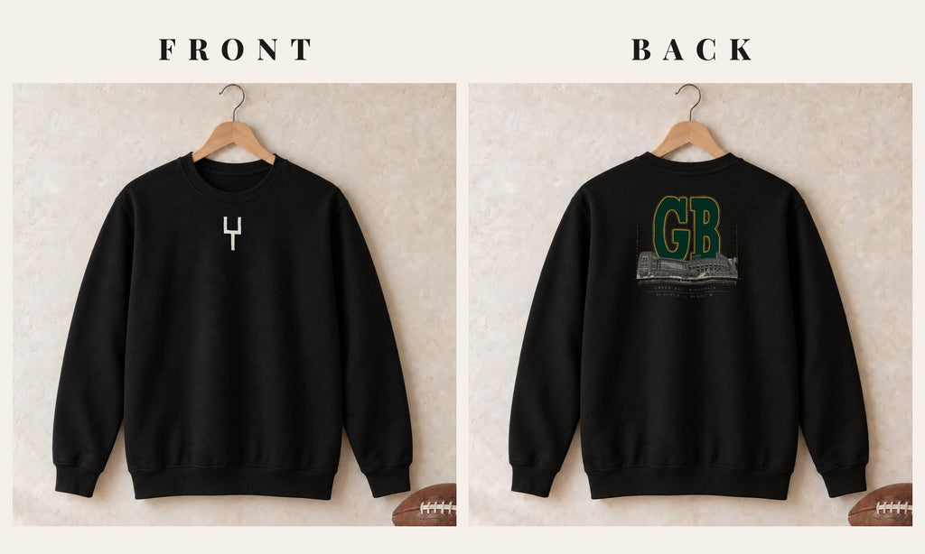 Crewneck + Goalpost Front · Black · front and back · Green Bay Blueprint City crewneck in black