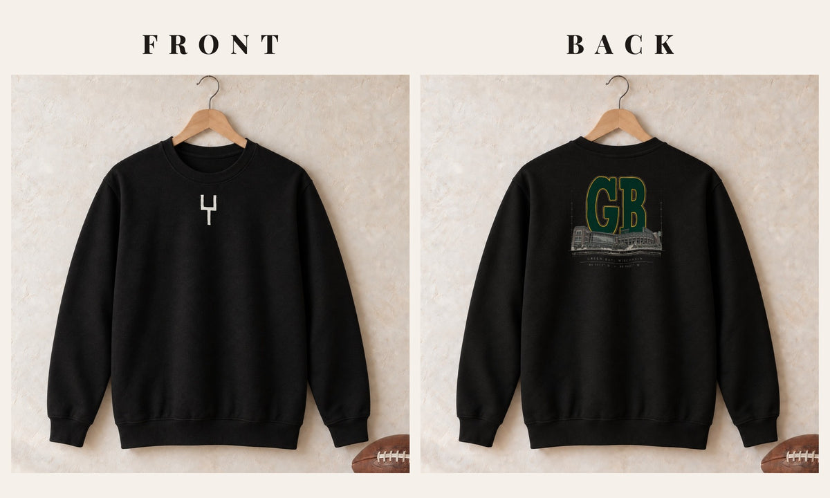 Crewneck + Goalpost Front · Black · front and back · Green Bay Blueprint City crewneck in black
