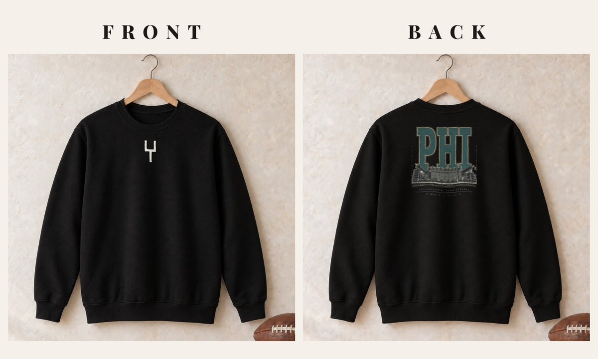 Crewneck + Goalpost Front · Black · front and back · Philadelphia Blueprint City crewneck in black