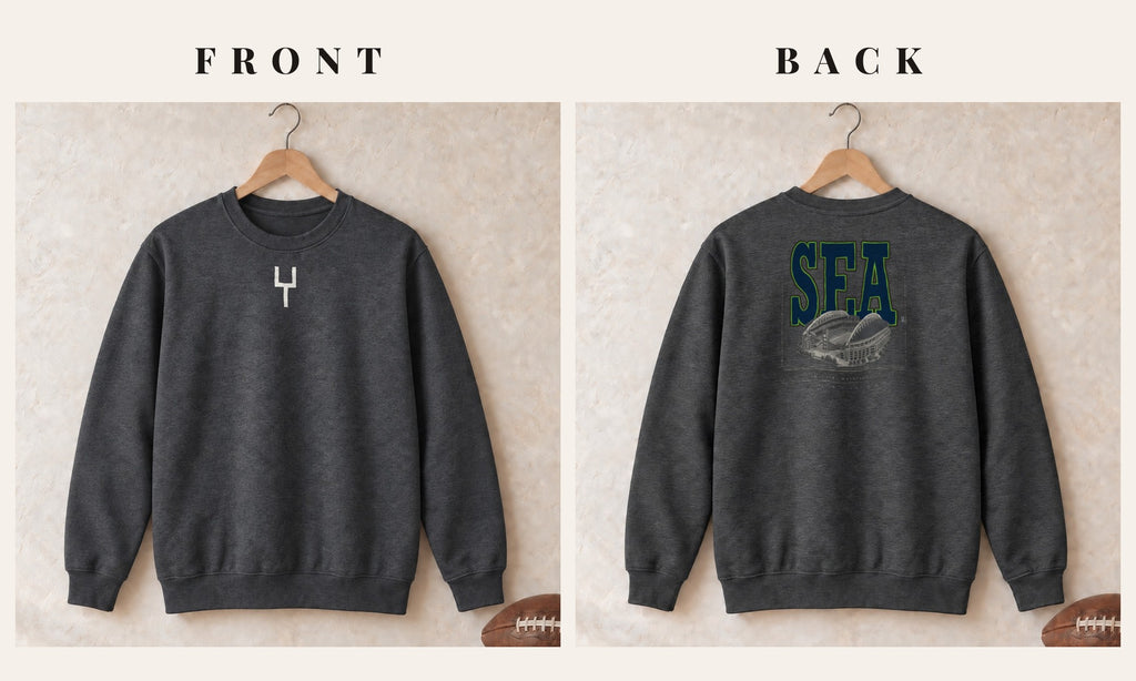 Crewneck + Goalpost Front · Dark Heather · front and back · Seattle Blueprint City crewneck in dark heather