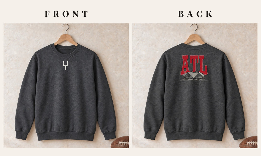 Crewneck + Goalpost Front · Dark Heather · front and back · Atlanta Blueprint City crewneck in dark heather