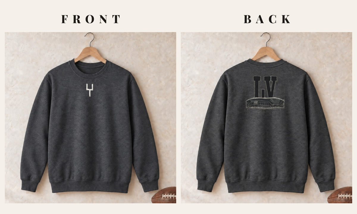 Crewneck + Goalpost Front · Dark Heather · front and back · Las Vegas Blueprint City crewneck in dark heather
