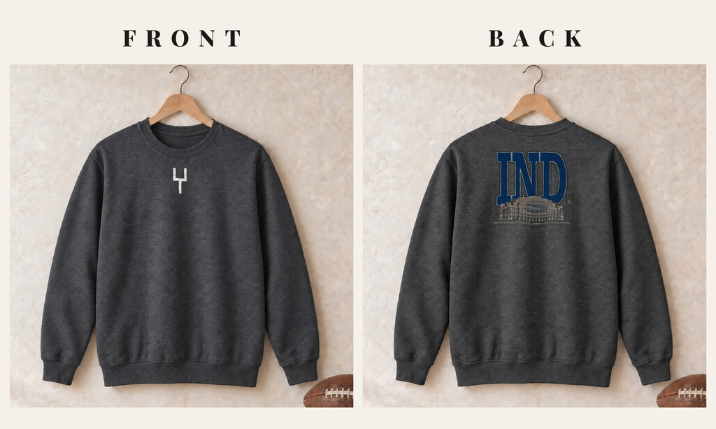 Crewneck + Goalpost Front · Dark Heather · front and back · Indianapolis Blueprint City crewneck in dark heather