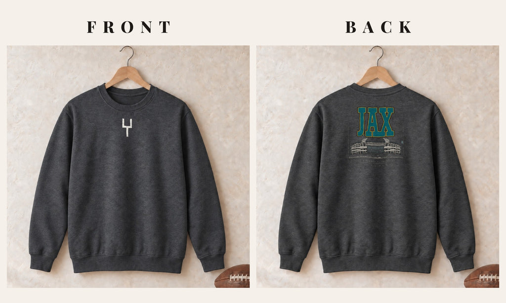 Crewneck + Goalpost Front · Dark Heather · front and back · Jacksonville Blueprint City crewneck in dark heather