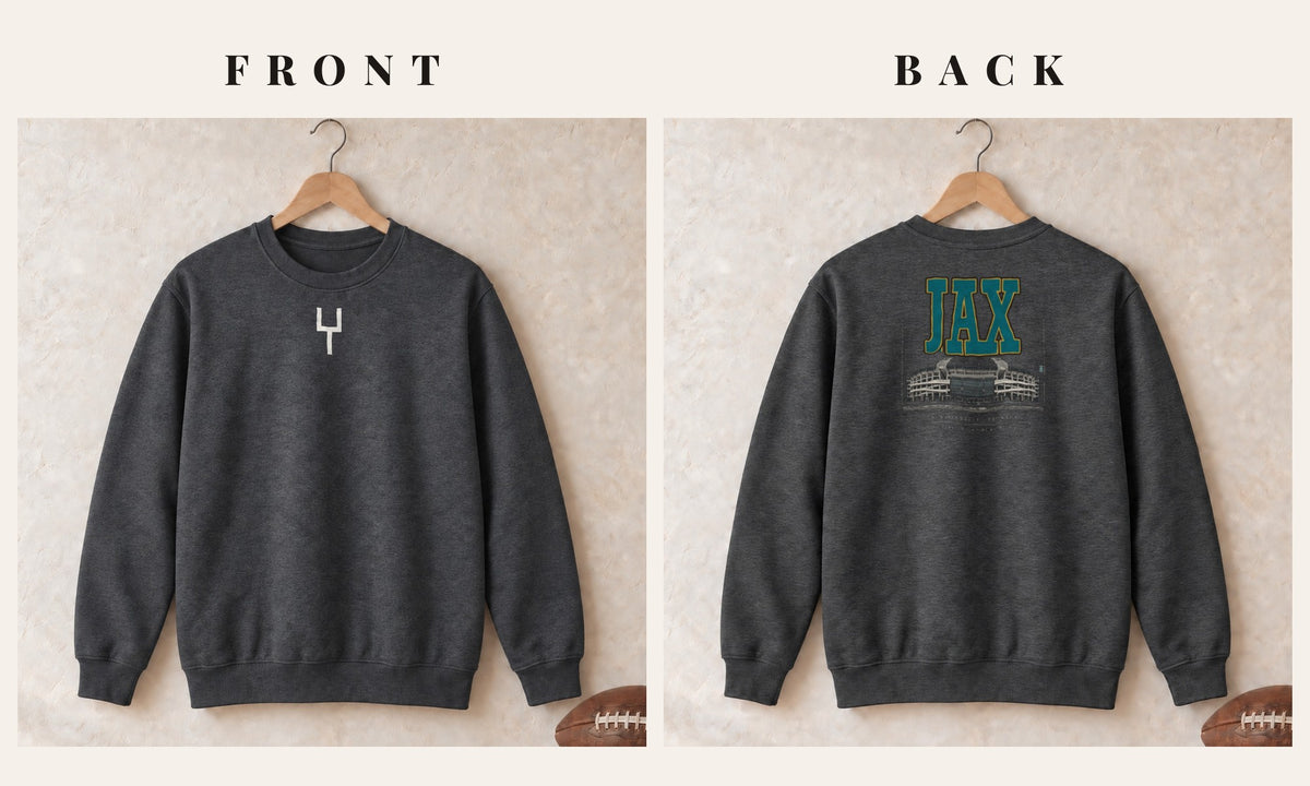 Crewneck + Goalpost Front · Dark Heather · front and back · Jacksonville Blueprint City crewneck in dark heather