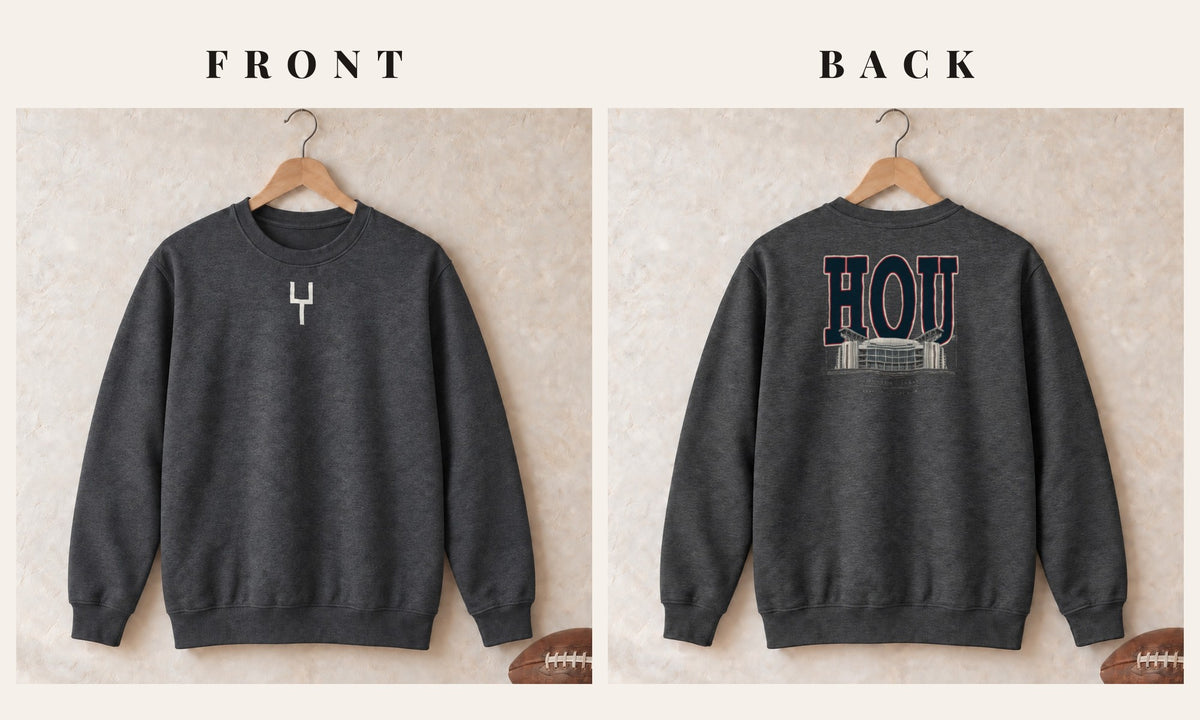 Crewneck + Goalpost Front · Dark Heather · front and back · Houston Blueprint City crewneck in dark heather