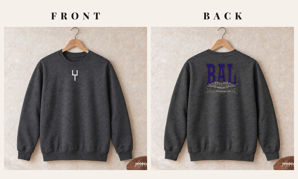 Crewneck + Goalpost Front · Dark Heather · front and back · Baltimore Blueprint City crewneck in dark heather