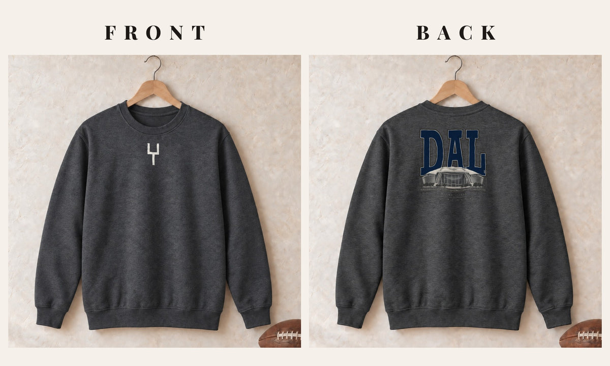 Crewneck + Goalpost Front · Dark Heather · front and back · Dallas Blueprint City crewneck in dark heather