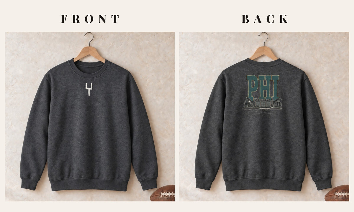 Crewneck + Goalpost Front · Dark Heather · front and back · Philadelphia Blueprint City crewneck in dark heather