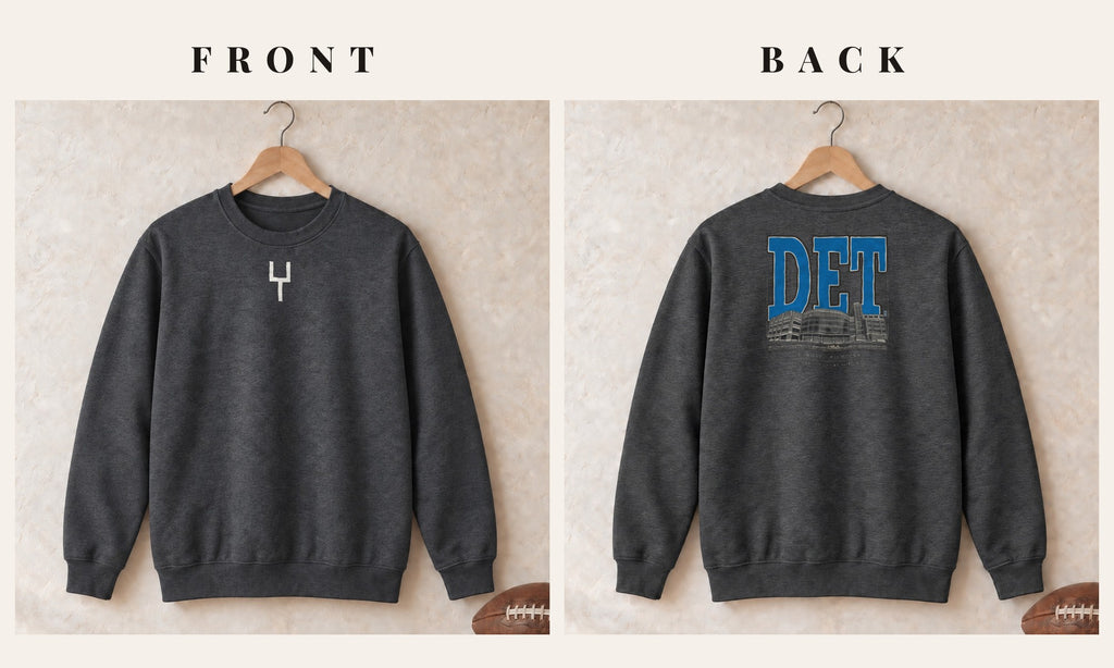 Crewneck + Goalpost Front · Dark Heather · front and back · Detroit Blueprint City crewneck in dark heather
