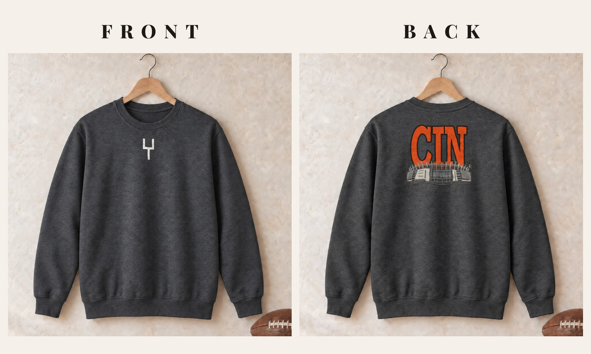 Crewneck + Goalpost Front · Dark Heather · front and back · Cincinnati Blueprint City crewneck in dark heather