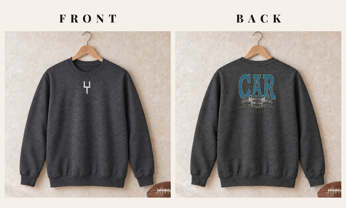 Crewneck + Goalpost Front · Dark Heather · front and back · Carolina Blueprint City crewneck in dark heather