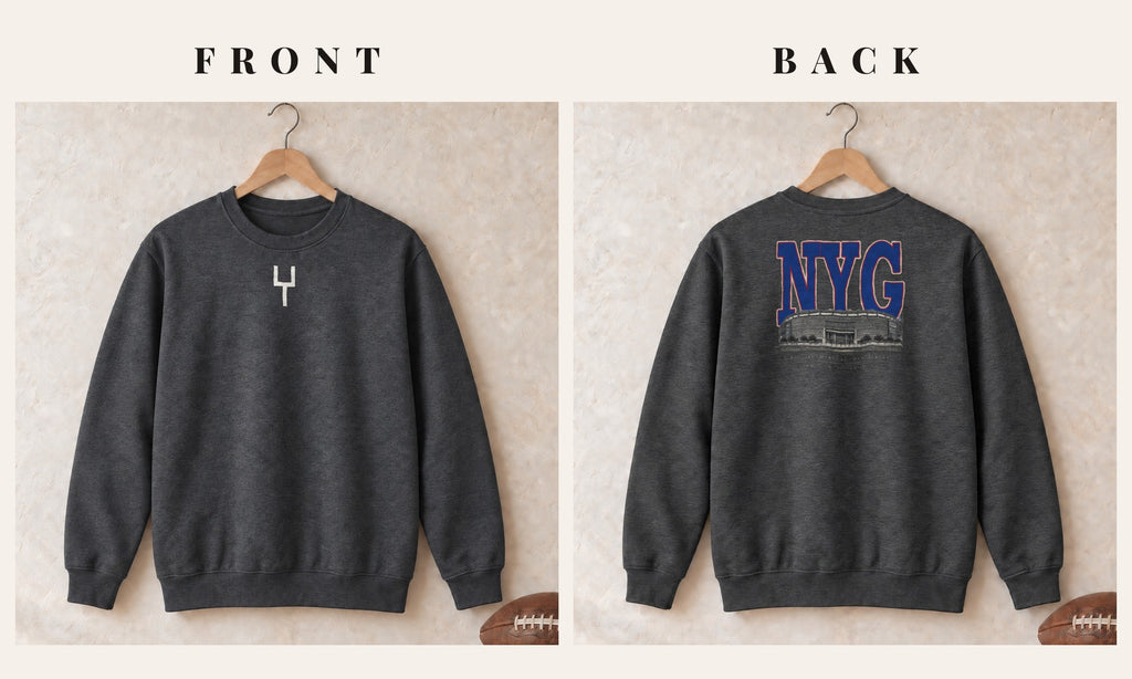Crewneck + Goalpost Front · Dark Heather · front and back · New York Royal Blueprint City crewneck in dark heather