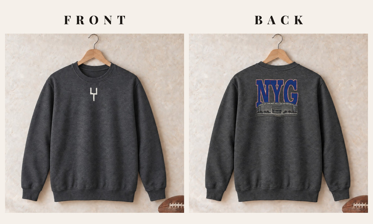 Crewneck + Goalpost Front · Dark Heather · front and back · New York Royal Blueprint City crewneck in dark heather
