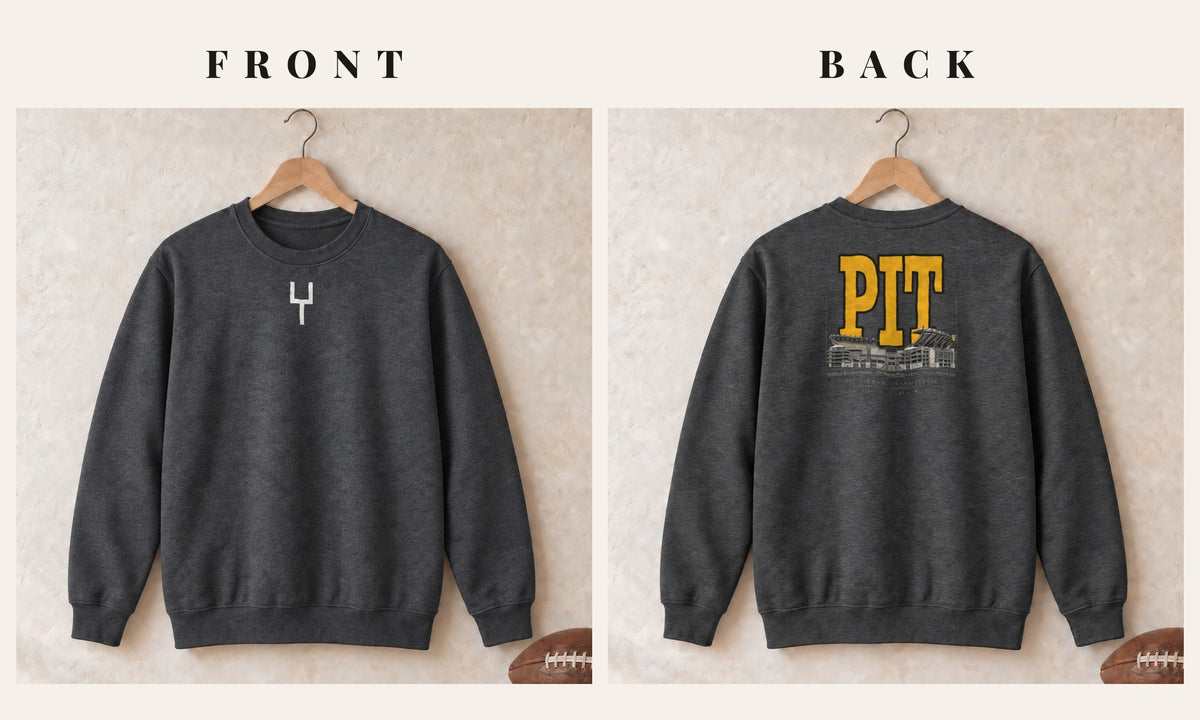 Crewneck + Goalpost Front · Dark Heather · front and back · Pittsburgh Blueprint City crewneck in dark heather