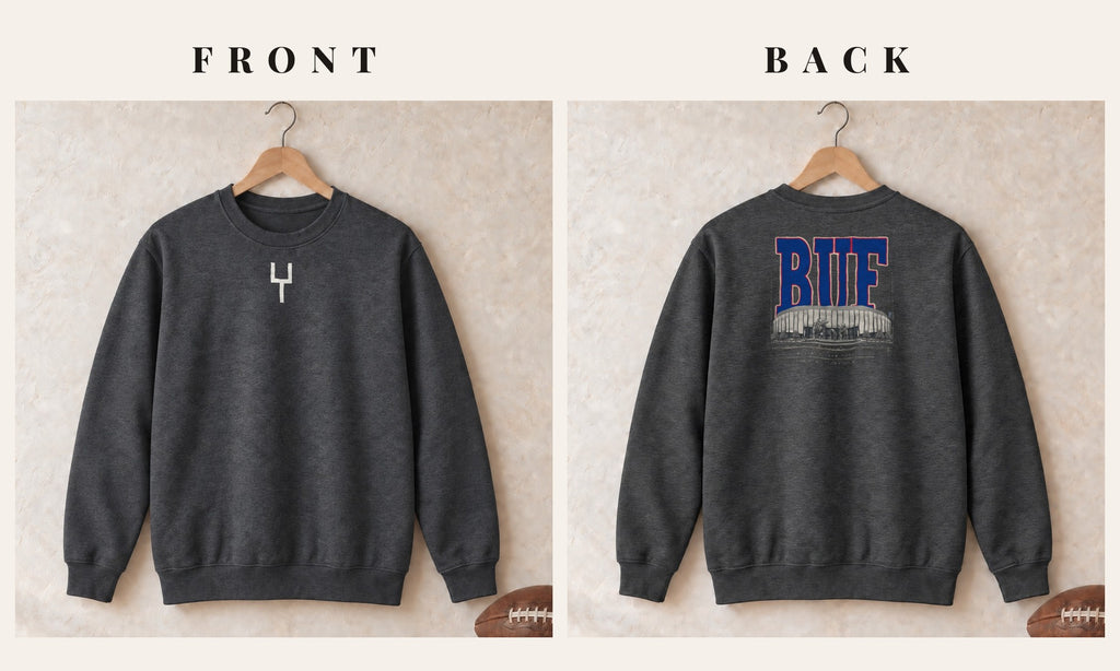 Crewneck + Goalpost Front · Dark Heather · front and back · Buffalo Blueprint City crewneck in dark heather