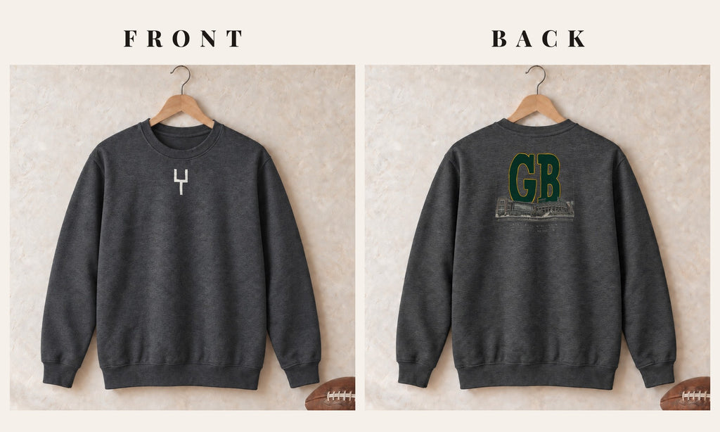 Crewneck + Goalpost Front · Dark Heather · front and back · Green Bay Blueprint City crewneck in dark heather