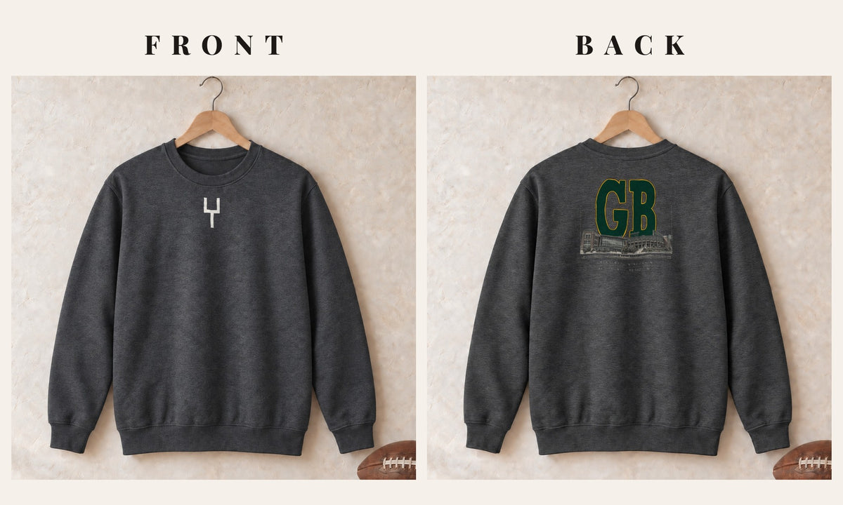Crewneck + Goalpost Front · Dark Heather · front and back · Green Bay Blueprint City crewneck in dark heather