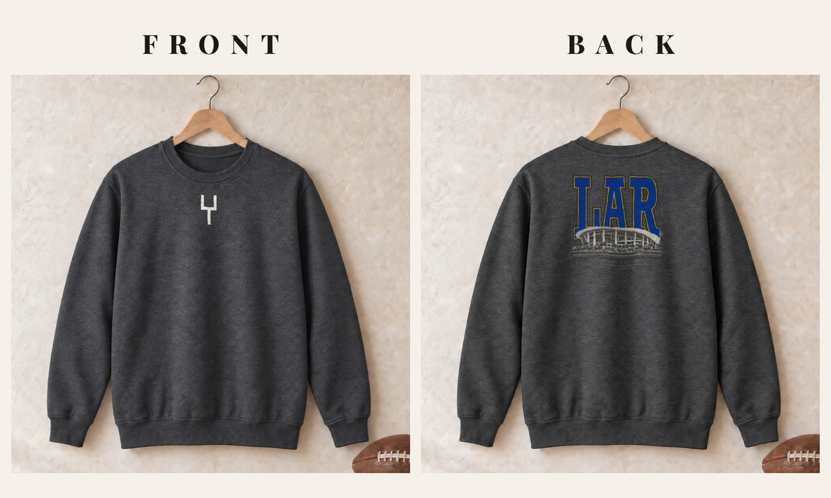 Crewneck + Goalpost Front · Dark Heather · front and back · Los Angeles Gold Blueprint City crewneck in dark heather