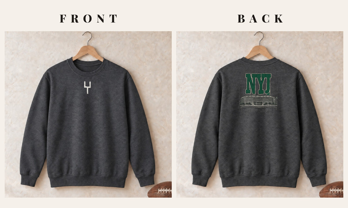 Crewneck + Goalpost Front · Dark Heather · front and back · New York Green Blueprint City crewneck in dark heather