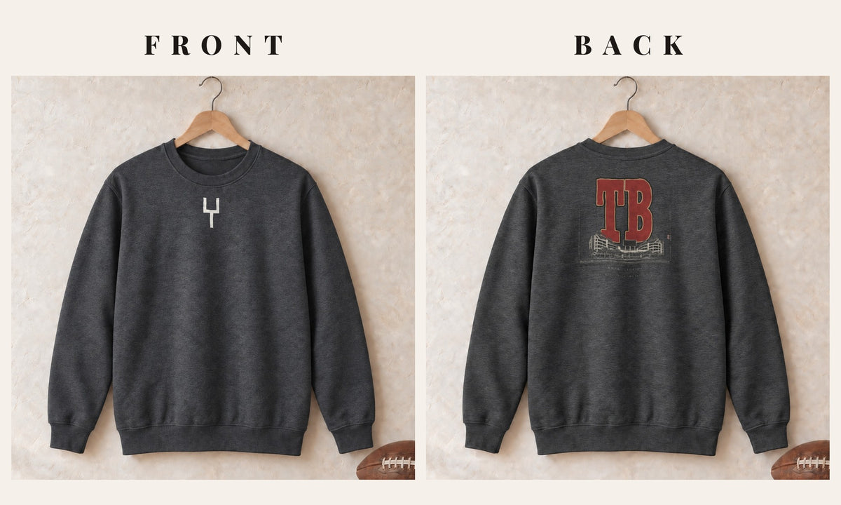 Crewneck + Goalpost Front · Dark Heather · front and back · Tampa Bay Blueprint City crewneck in dark heather