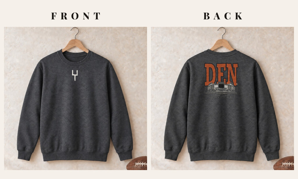 Crewneck + Goalpost Front · Dark Heather · front and back · Denver Blueprint City crewneck in dark heather