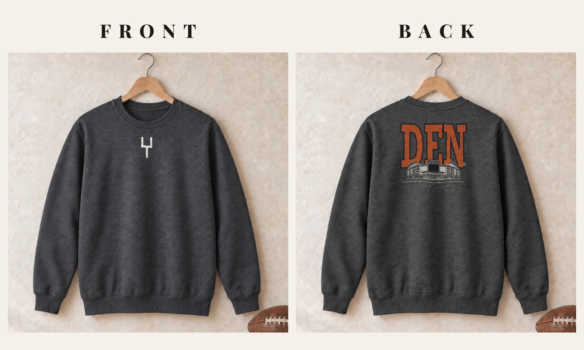 Crewneck + Goalpost Front · Dark Heather · front and back · Denver Blueprint City crewneck in dark heather