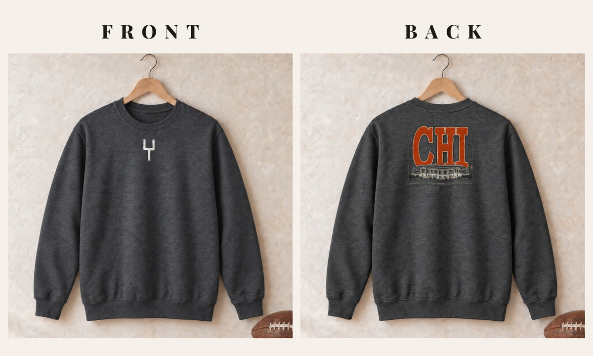 Crewneck + Goalpost Front · Dark Heather · front and back · Chicago Blueprint City crewneck in dark heather