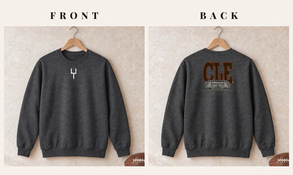 Crewneck + Goalpost Front · Dark Heather · front and back · Cleveland Blueprint City crewneck in dark heather