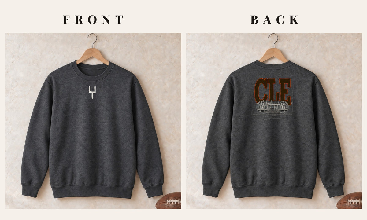 Crewneck + Goalpost Front · Dark Heather · front and back · Cleveland Blueprint City crewneck in dark heather